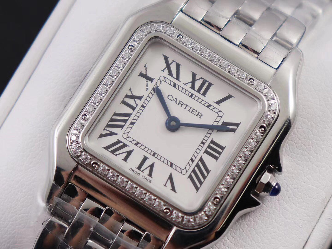 Square Link-Bracelet Watch, White Gold Tone, Stone-Set, White, Small Model