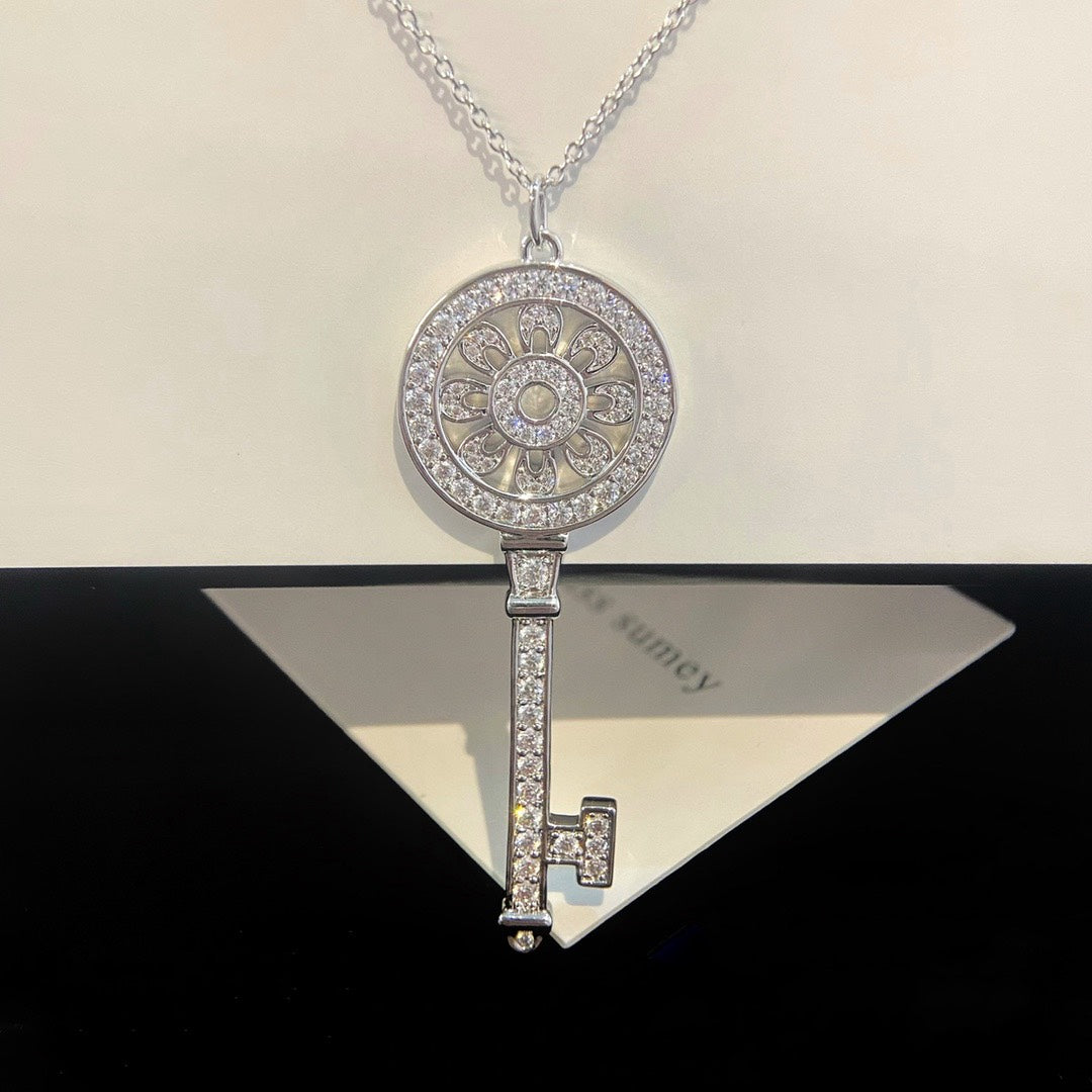 Key Pendant Necklace, White Gold Tone