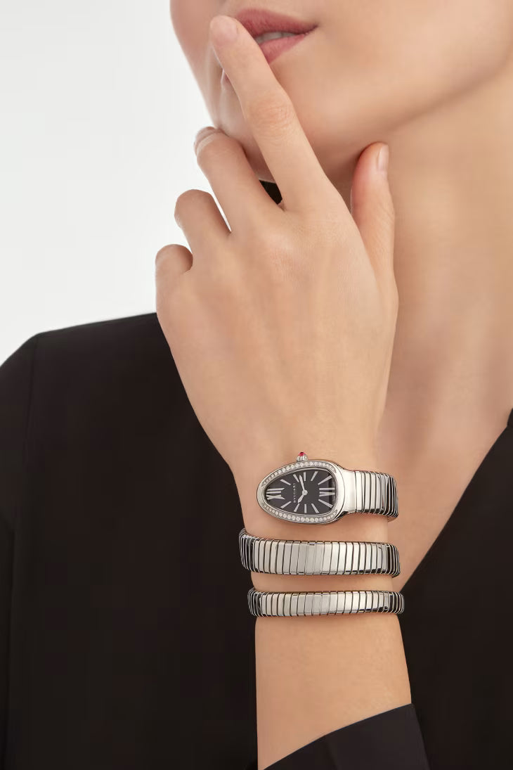Coiled Band Watch, White Gold Tone, Stone-Set, White, 35 mm, Size S