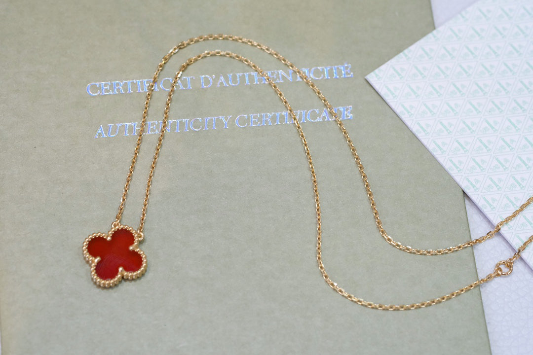 Quatrefoil Carnelian Pendant Necklace, 18K Yellow Gold Plated