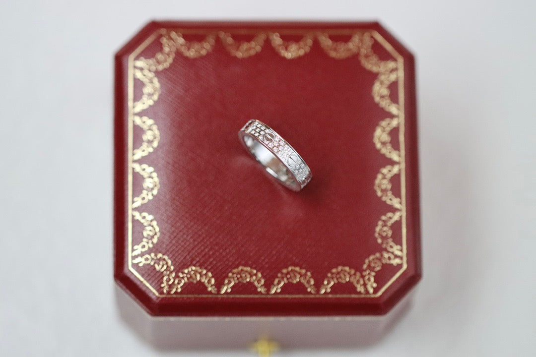Screw-Motif Band Ring, Stone-Set, White Gold Tone