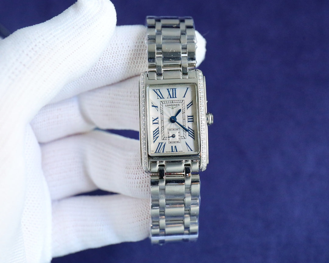 Rectangular Case Watch, Steel, Stone-Set