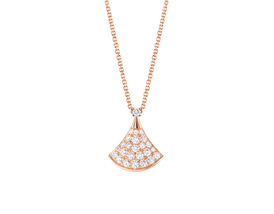 Fan-Motif Necklace, Rose Gold Tone, Stone-Set, Size S