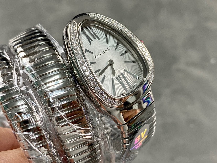 Coiled Band Watch, White Gold Tone, Stone-Set, White, 35 mm, Size S