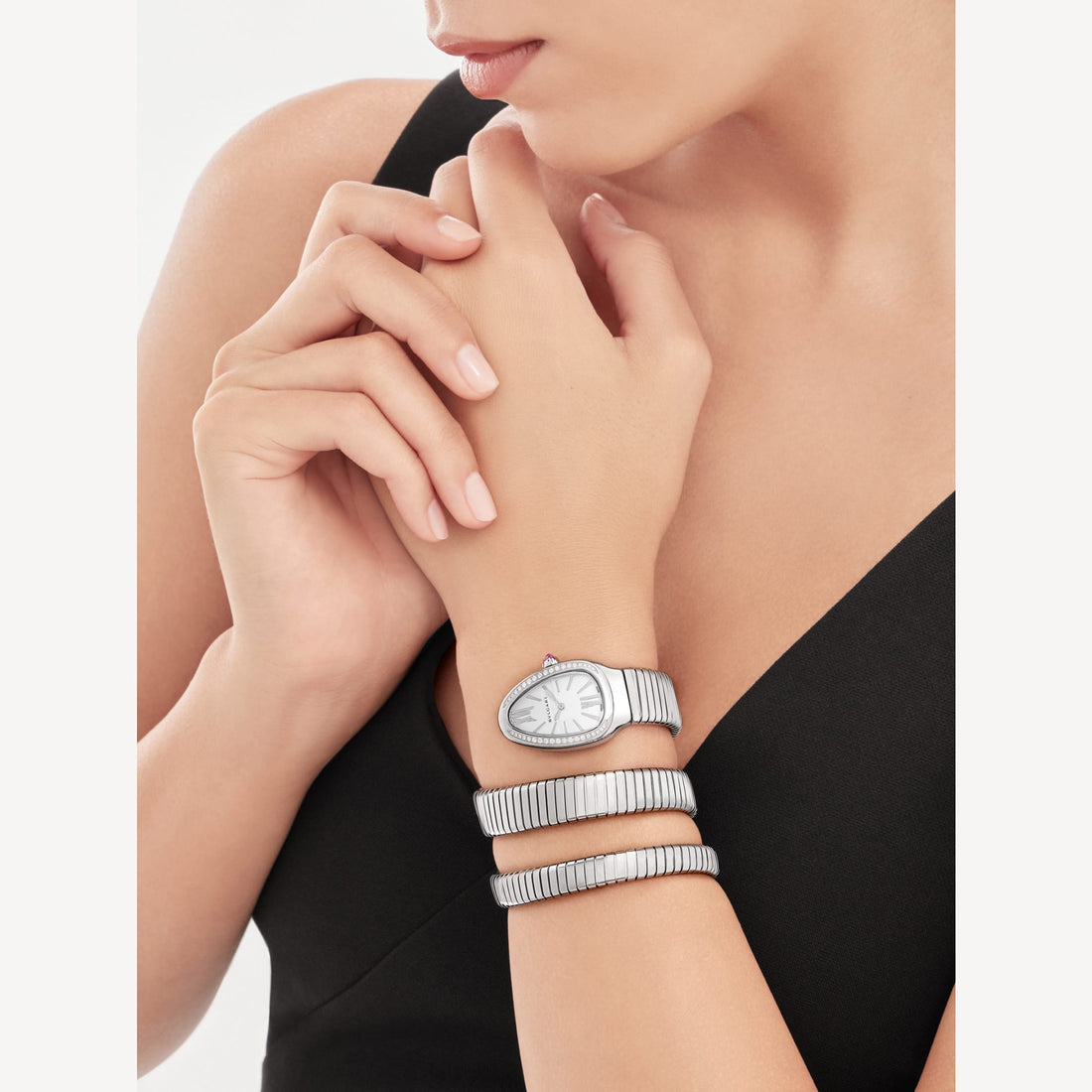 Coiled Band Watch, White Gold Tone, Stone-Set, White, 35 mm, Size S