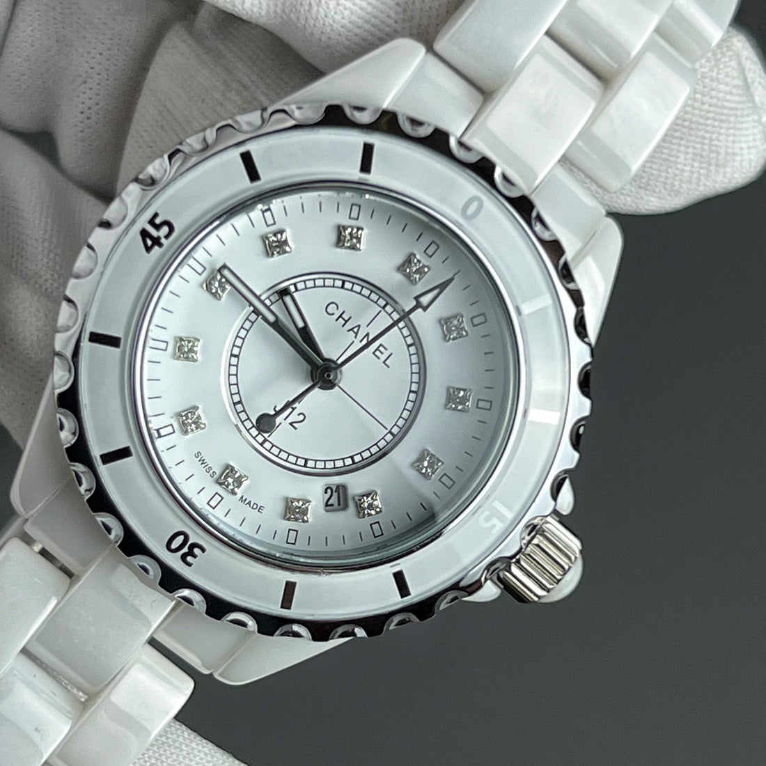 Ceramic Round Watch, White Gold Tone, White, 33MM