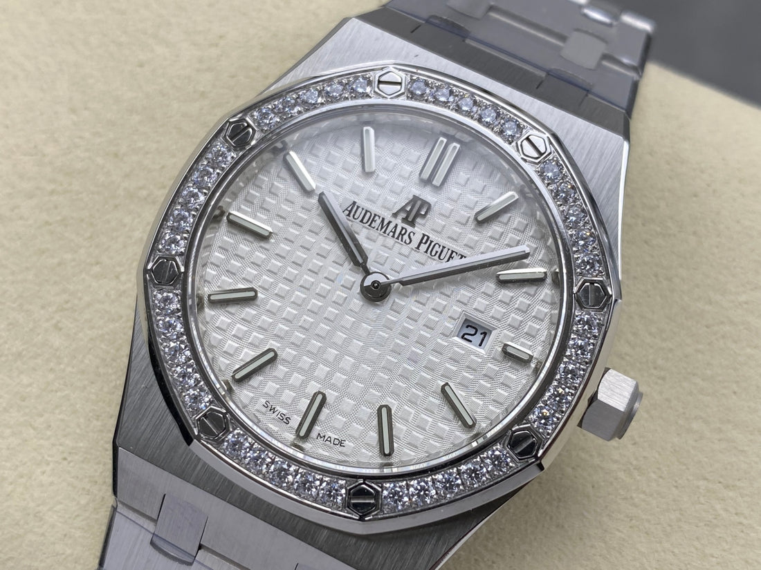 Octagonal Bezel Watch, White Gold Tone, Stone-Set, White, 33 mm