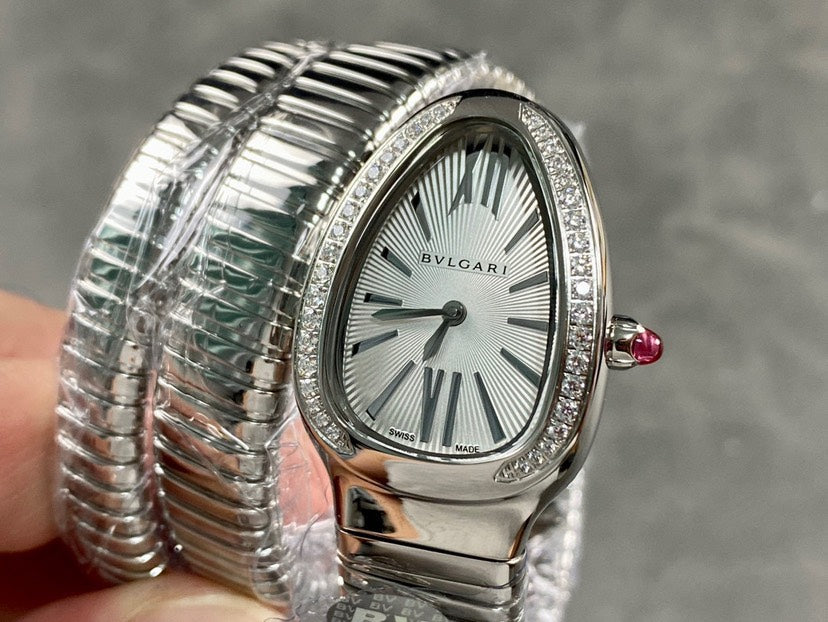 Coiled Band Watch, White Gold Tone, Stone-Set, White, 35 mm, Size S