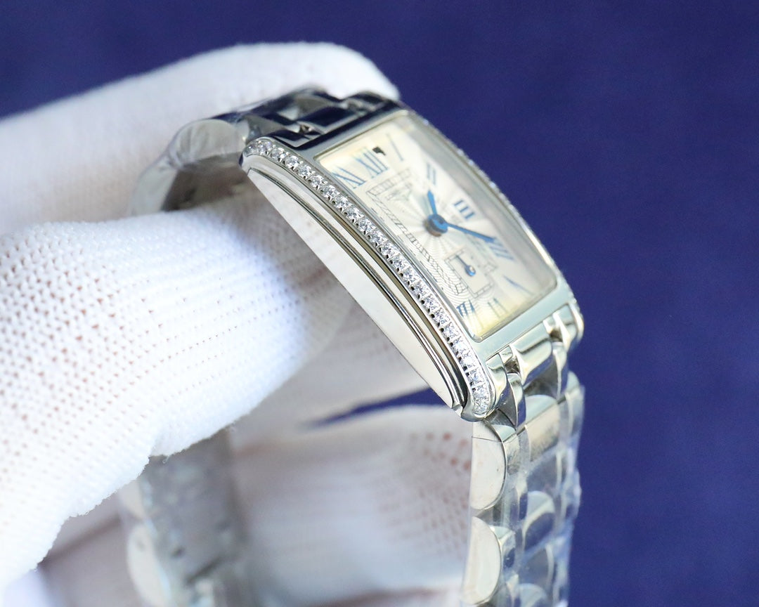 Rectangular Case Watch, Steel, Stone-Set