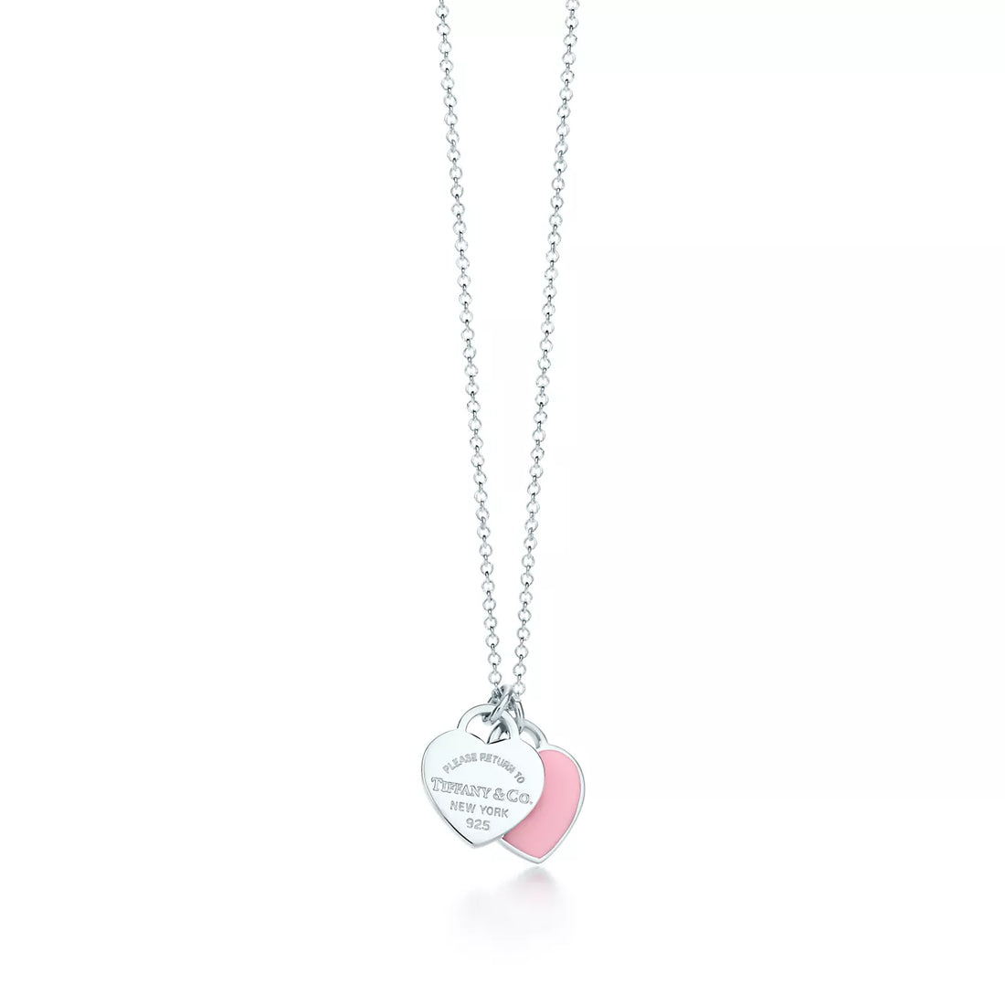 Double Heart Tag Pendant Necklace, Pink, Silver Tone