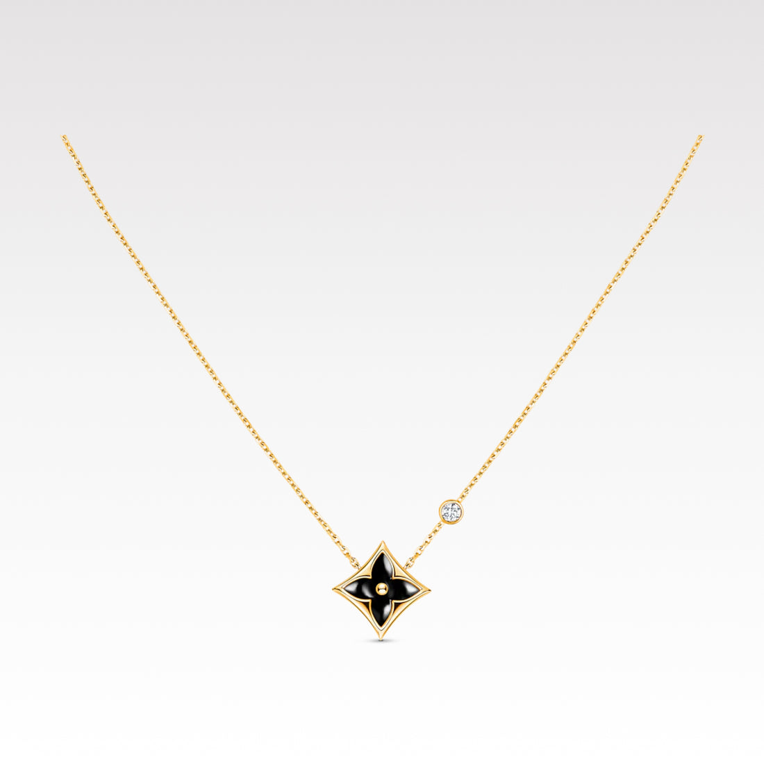 Star-Flower Pendant Necklace, Yellow Gold Tone, Onyx, Stone-Set