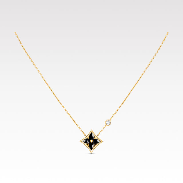 Star-Flower Pendant Necklace, Yellow Gold Tone, Onyx, Stone-Set