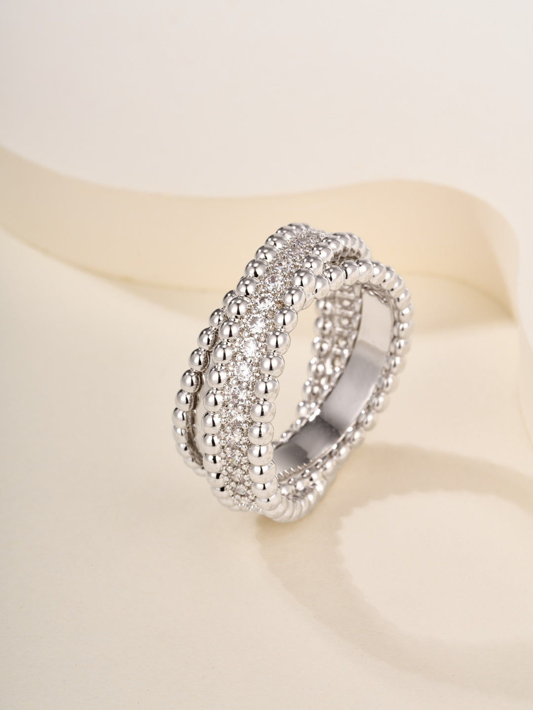 Beaded Band Ring, Stone-Set, White Gold Tone