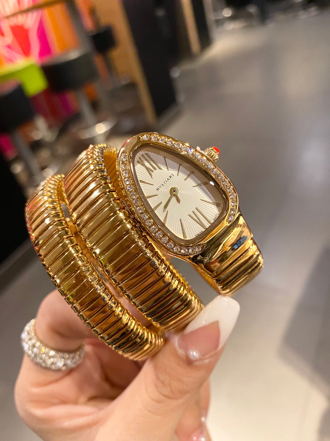 Coiled Band Watch, Yellow Gold Tone, Stone-Set, 35 mm, Size S