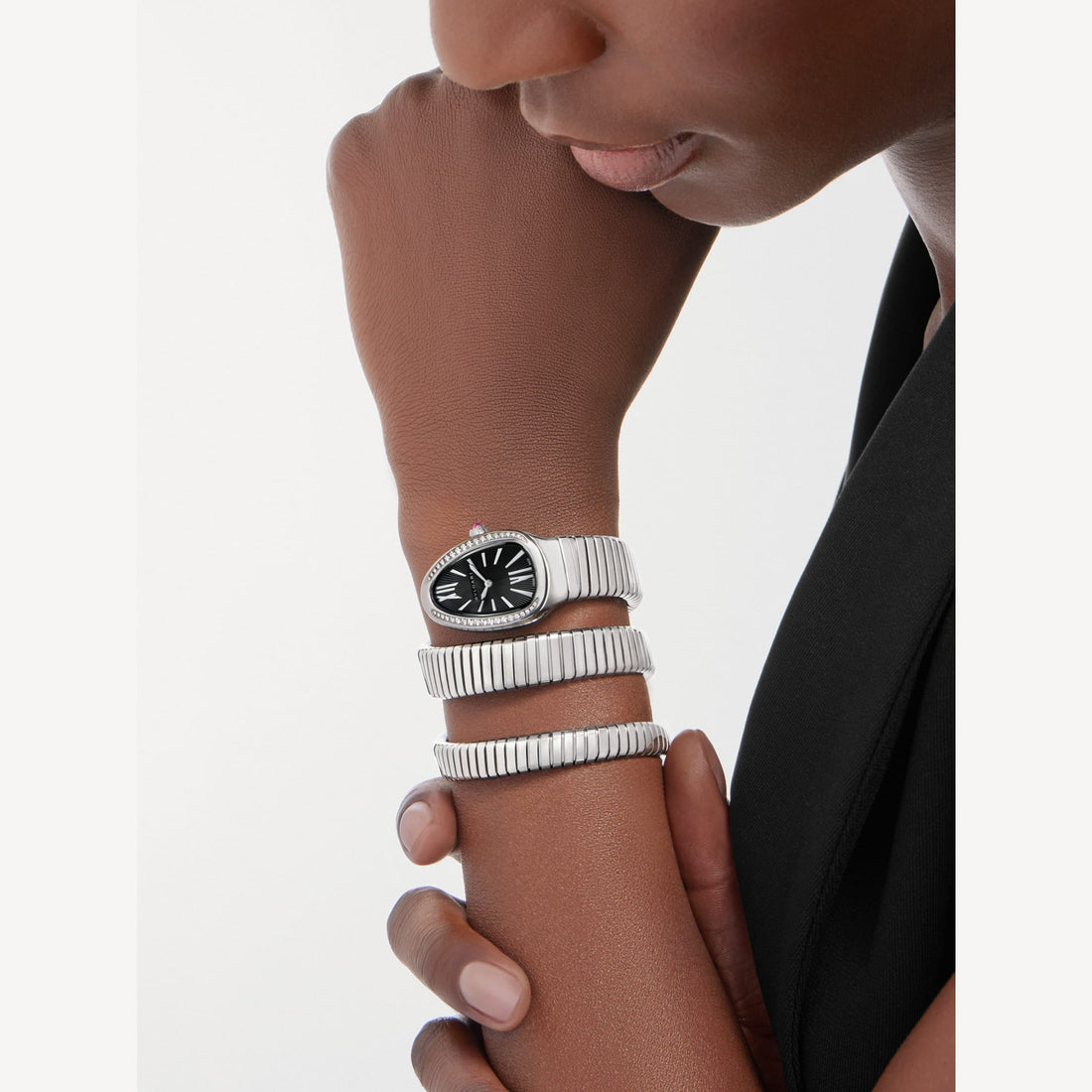 Coiled Band Watch, White Gold Tone, Stone-Set, White, 35 mm, Size S