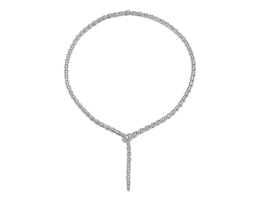 Snake-Scale Necklace, White Gold Tone, Stone-Set