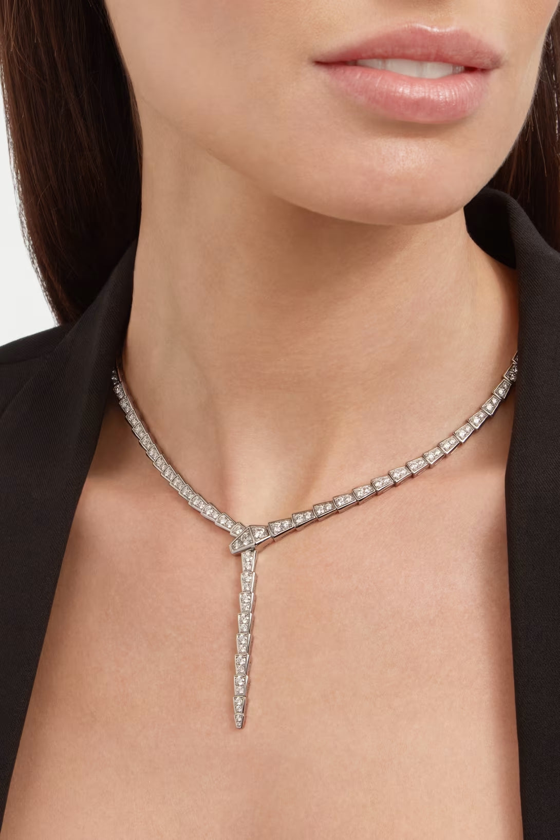 Snake-Scale Necklace, White Gold Tone, Stone-Set