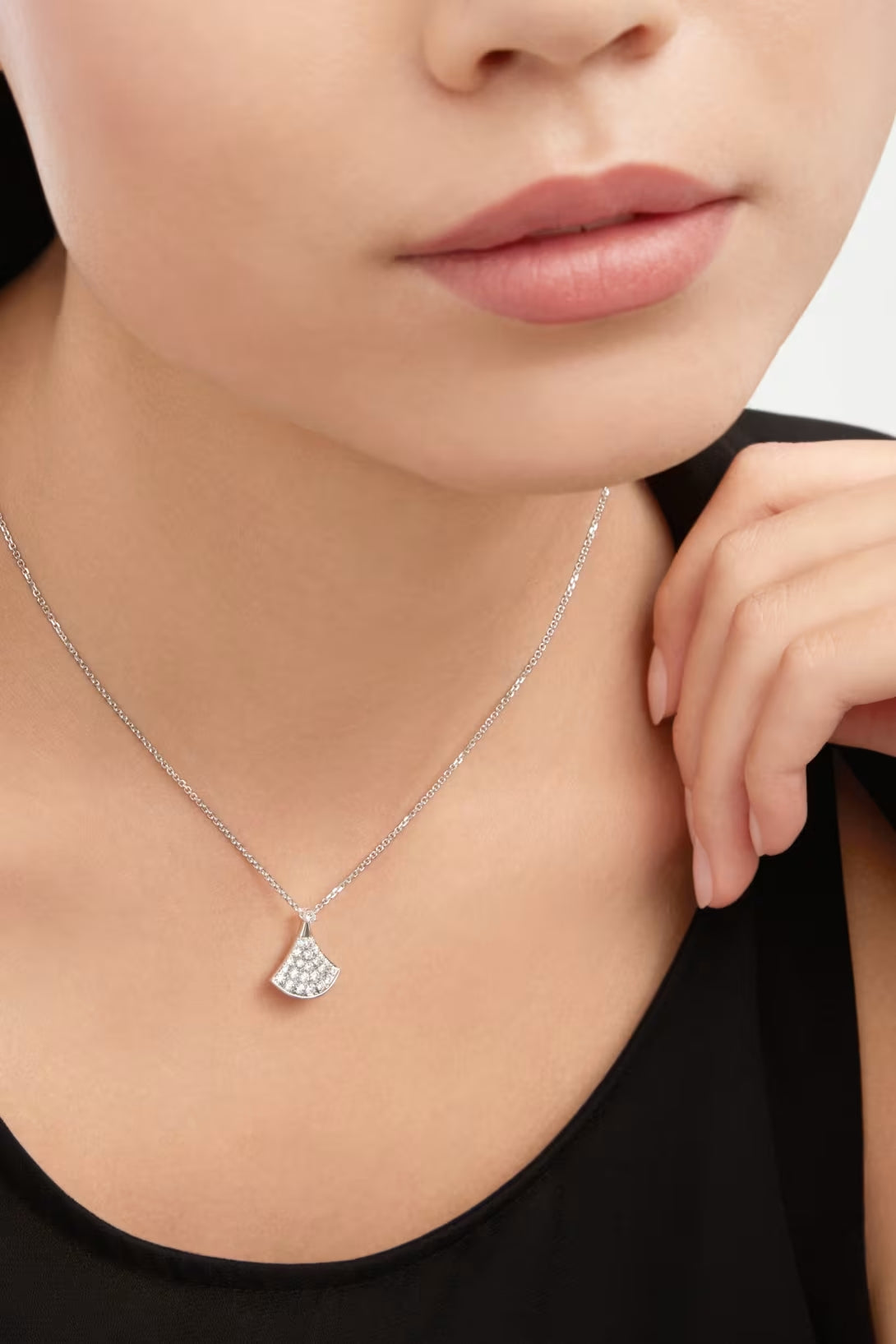 Fan-Motif Necklace, Rose Gold Tone, Stone-Set, Size S