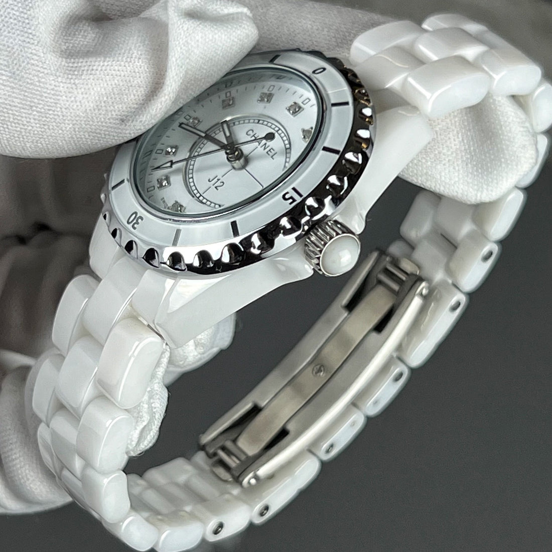 Ceramic Round Watch, White Gold Tone, White, 33MM