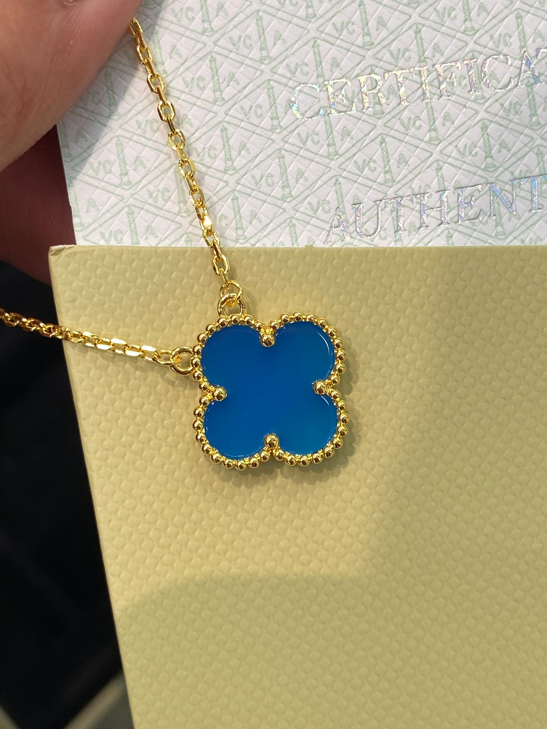 Quatrefoil Pendant Necklace, Yellow Gold Tone, Agate