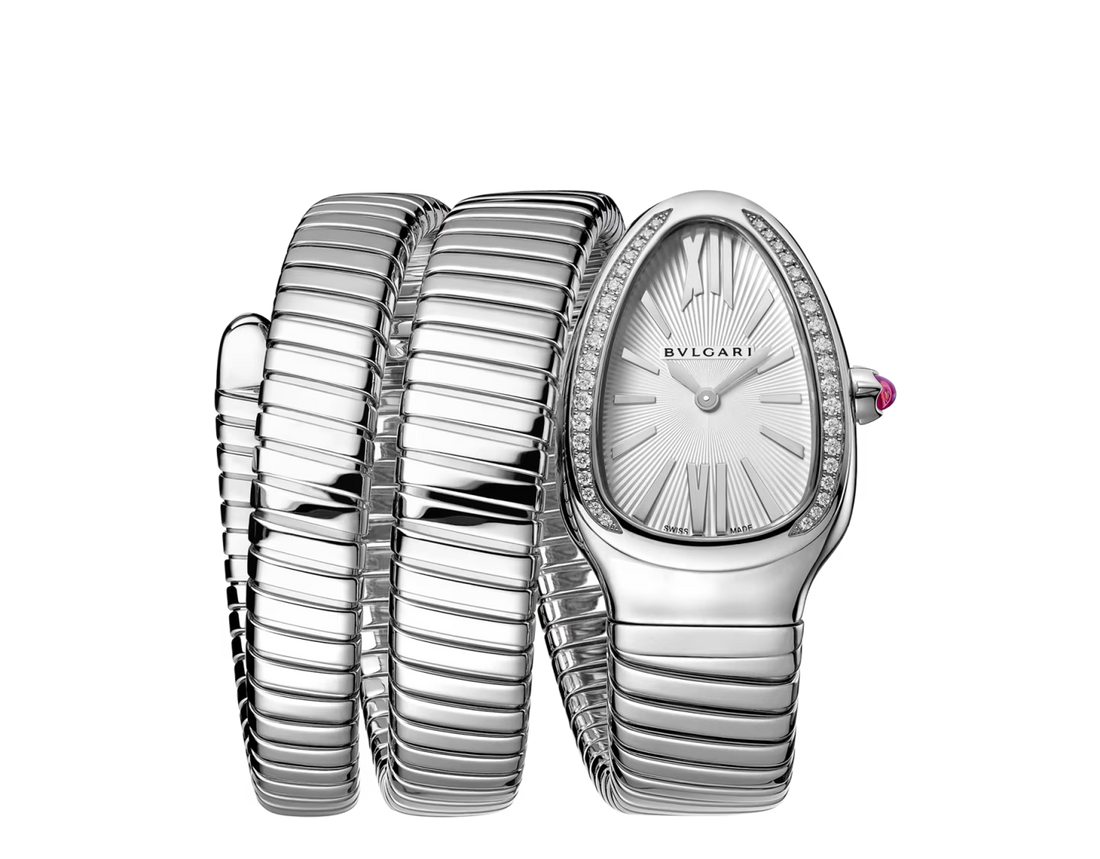 Coiled Band Watch, White Gold Tone, Stone-Set, White, 35 mm, Size S