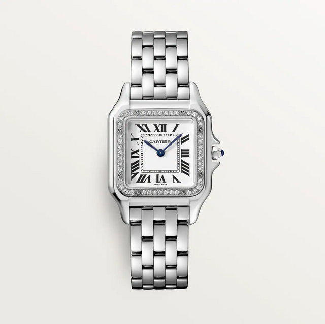 Square Link-Bracelet Watch, White Gold Tone, Stone-Set, White, Medium Model