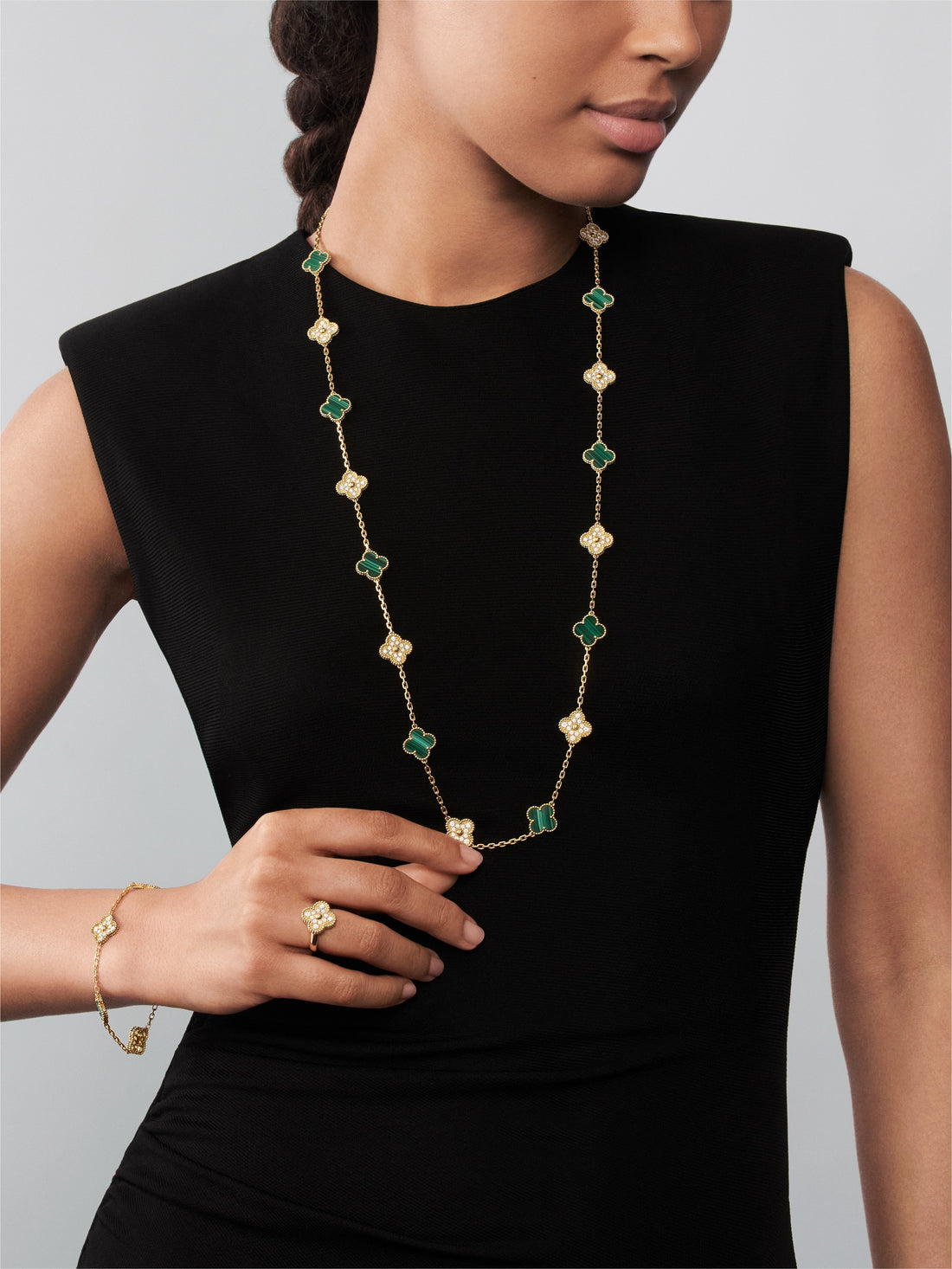 Quatrefoil Long Necklace, 20 Motifs, Rose Gold Tone, Malachite