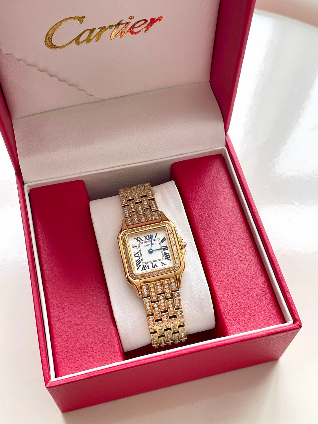 Square Link-Bracelet Watch, Yellow Gold Tone, Stone-Set, Medium Model