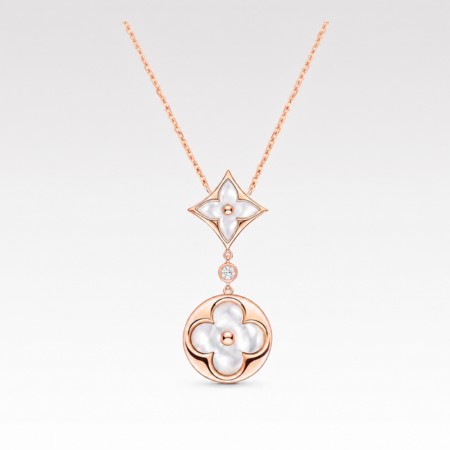 Flower Motif Necklace, Rose Gold Tone, Mother-of-Pearl, Stone-Set
