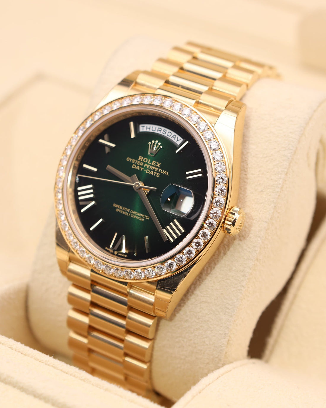 Day and Date Watch, Yellow Gold Tone, Stone-Set, 41 mm