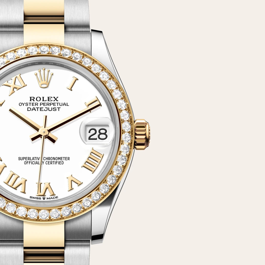 Classic Date Watch, Yellow Gold Tone, Stone-Set, 28 mm