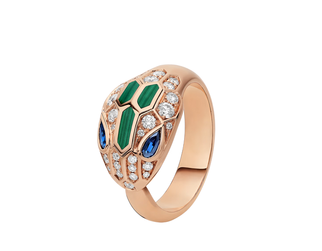Serpent Coil Ring, Rose Gold Tone, Stone-Set, Malachite