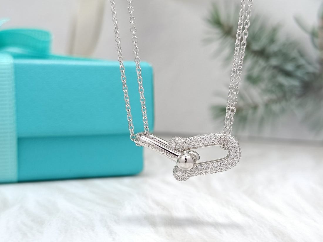 Link Pendant Necklace, White Gold Tone, Stone-Set, White