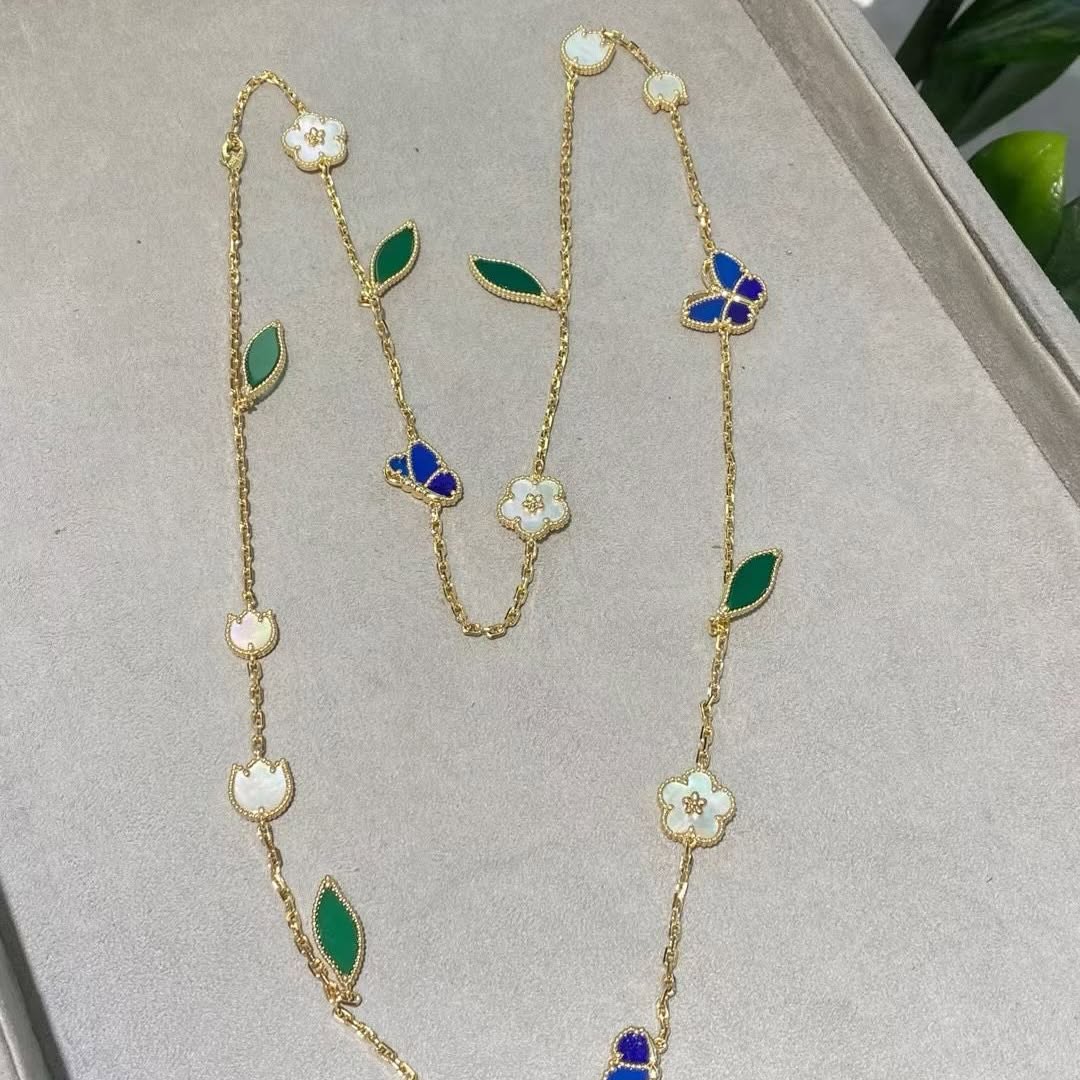 Butterfly Motif Necklace, 15 Motifs, Yellow Gold Tone, Agate