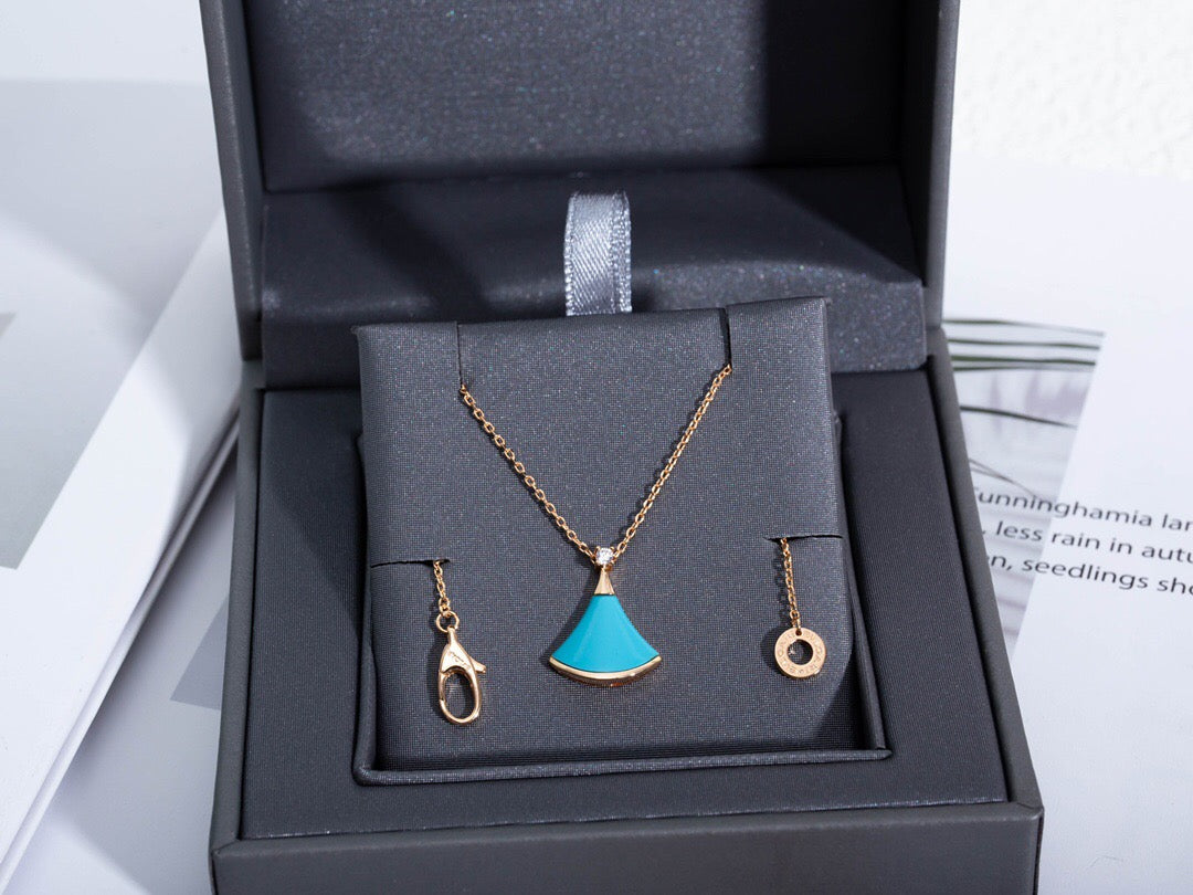 Fan-Motif Necklace, Rose Gold Tone, Stone-Set, Turquoise
