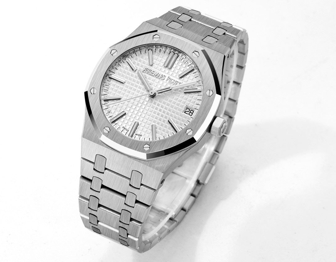 Octagonal Bezel Watch, White Gold Tone, White, 41 mm