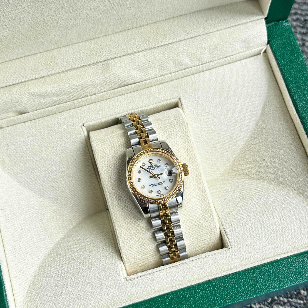 Classic Date Watch, Yellow Gold Tone, Steel, Stone-Set, 28 mm