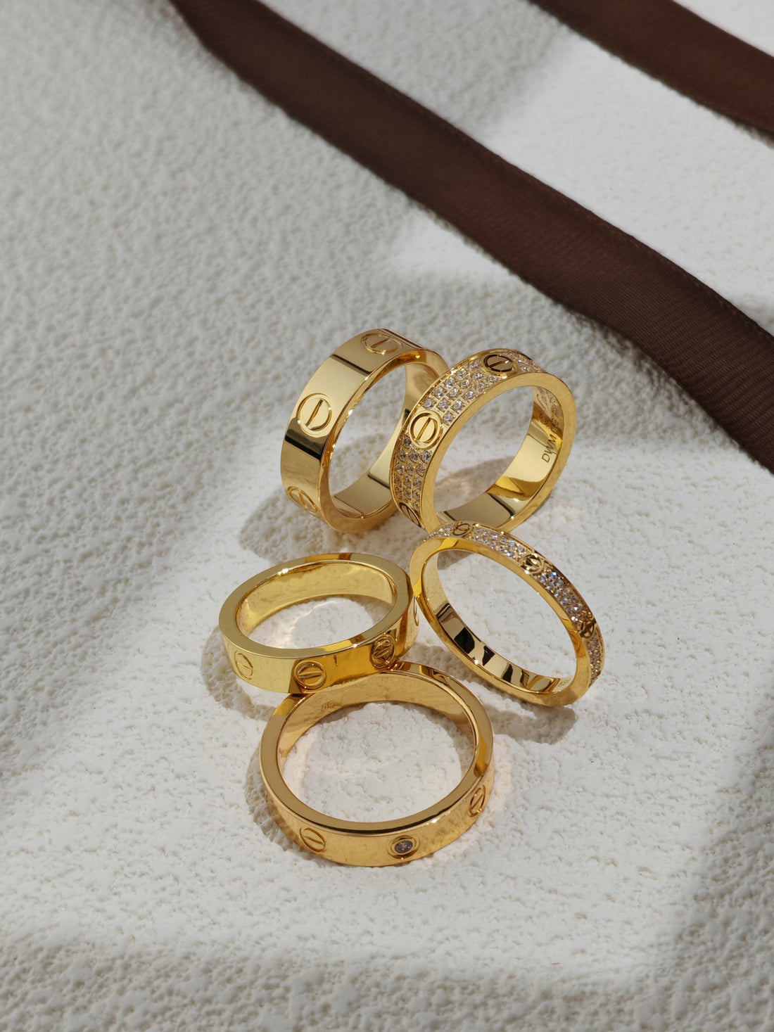Screw-Motif Band Ring, Stone-Set, Yellow Gold Tone