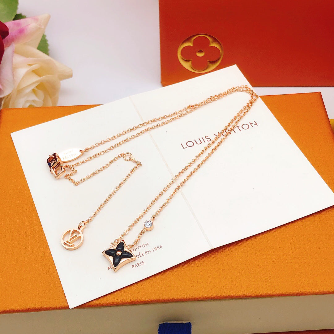 Star-Flower Pendant Necklace, Yellow Gold Tone, Onyx, Stone-Set