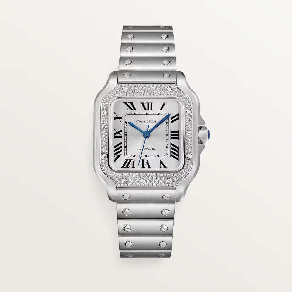Square Case Watch, Steel, Stone-Set