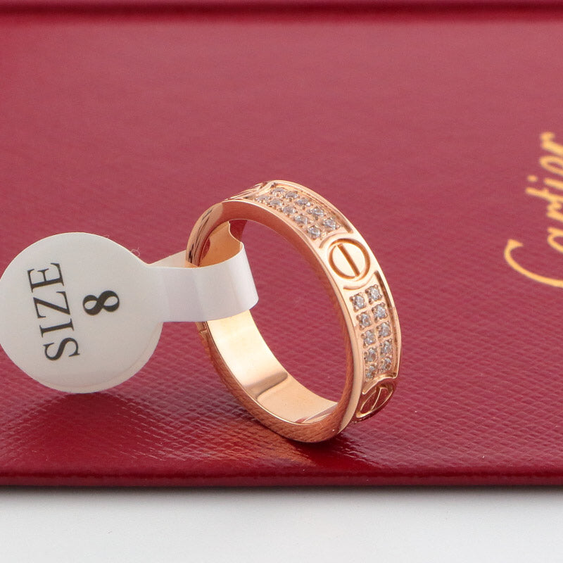 Screw-Motif Band Ring, Stone-Set, Rose Gold Tone