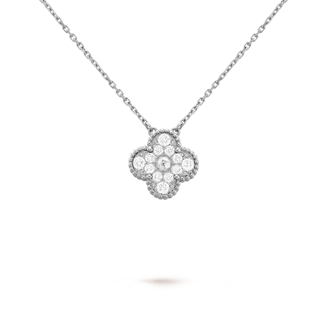 Quatrefoil Pendant Necklace, White Gold Tone