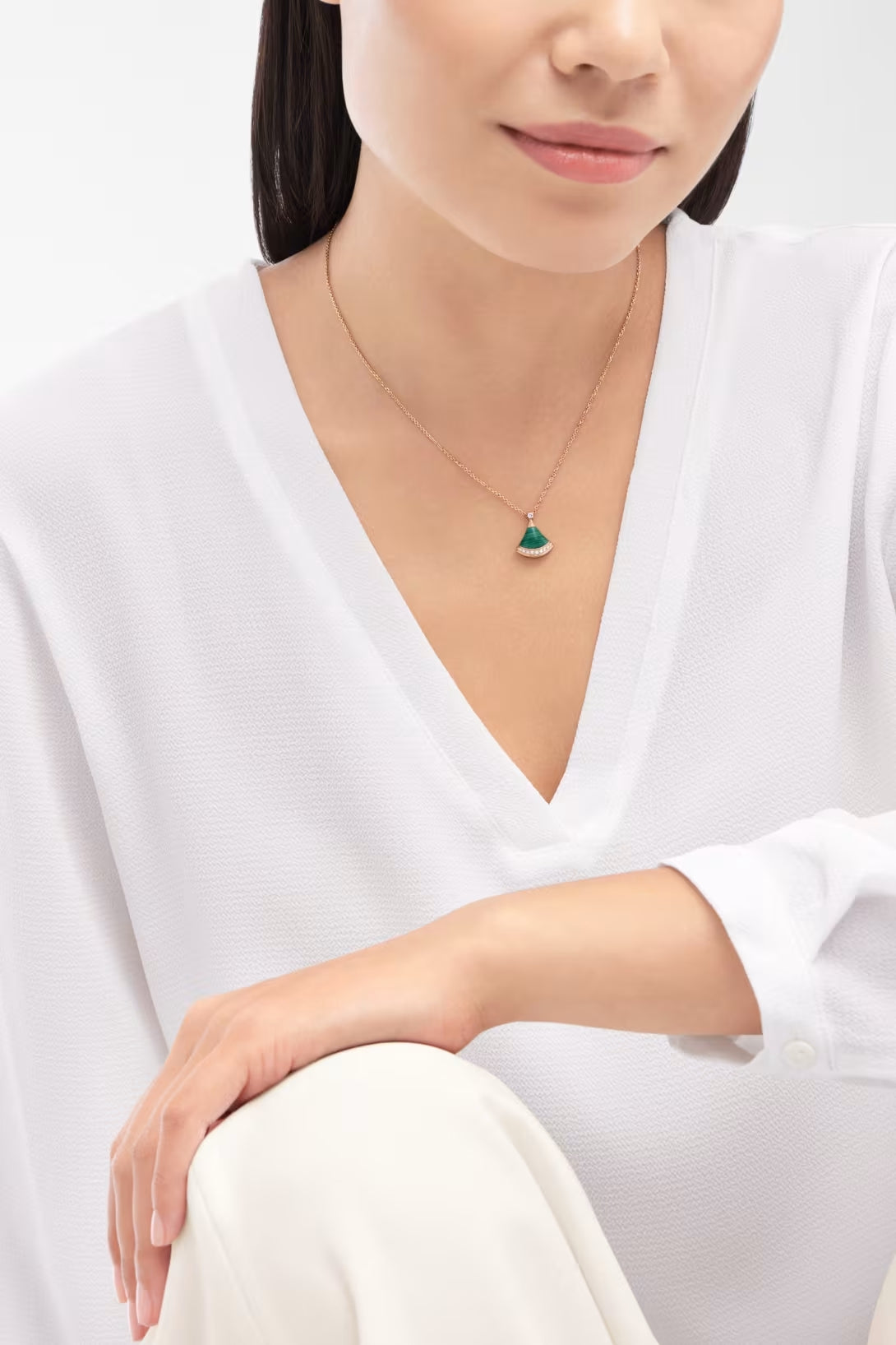 Fan-Motif Necklace, Rose Gold Tone, Stone-Set, Malachite