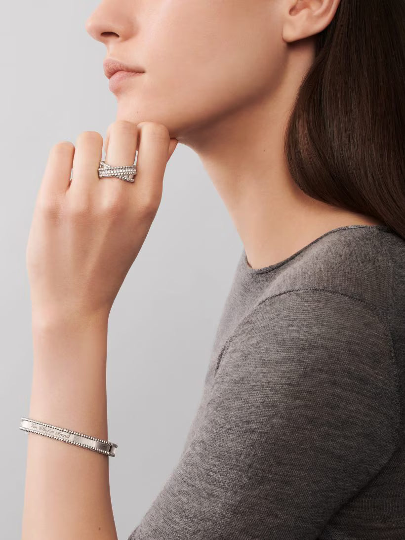 Beaded Band Ring, Stone-Set, White Gold Tone