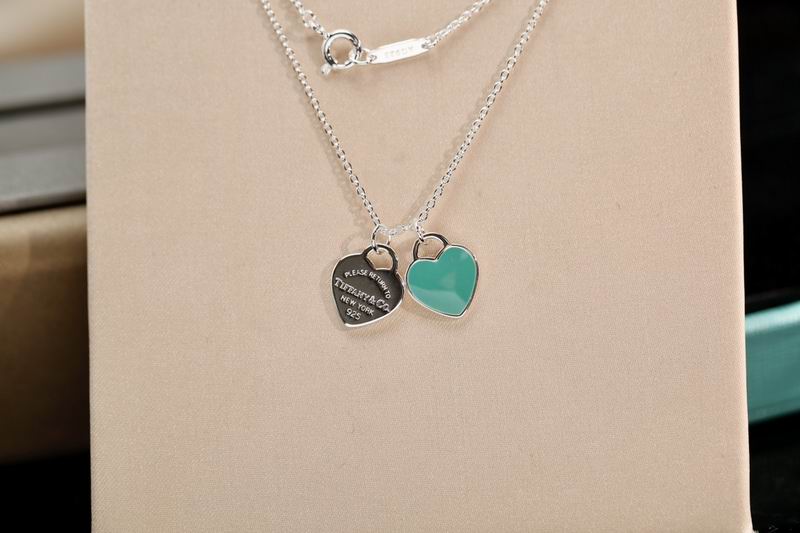 Double Heart Tag Pendant Necklace, Blue, Silver Tone