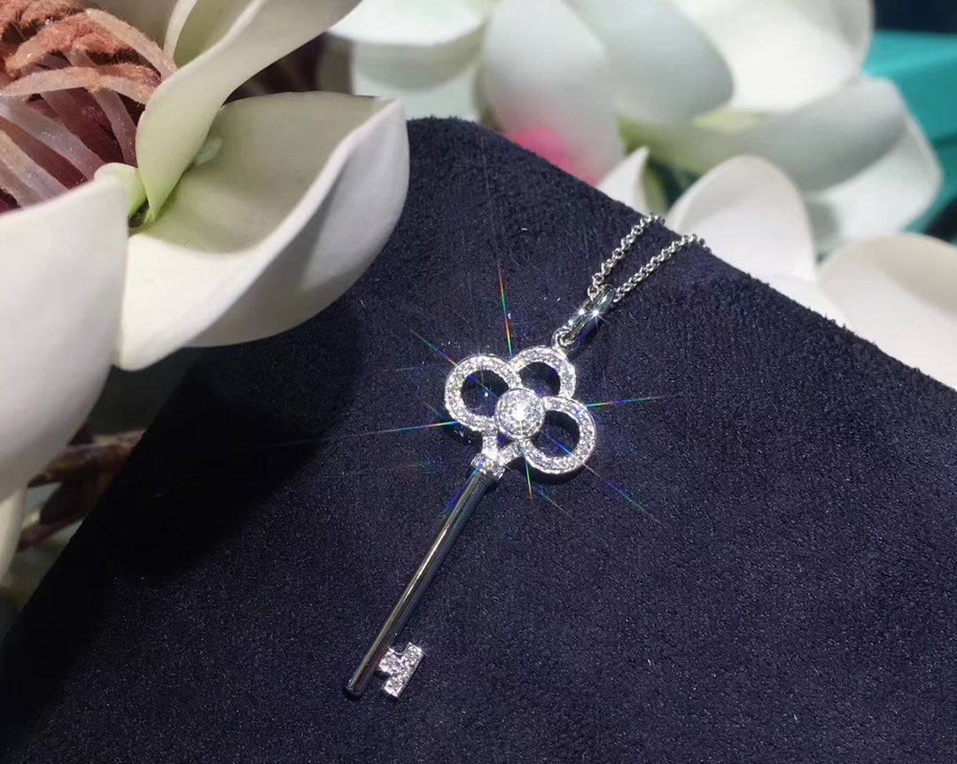 Key Pendant Necklace, White Gold Tone
