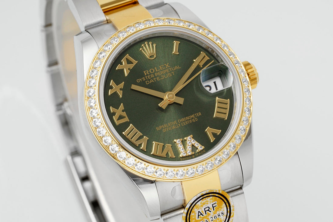Classic Date Watch, Yellow Gold Tone, Steel, Stone-Set, 31 mm