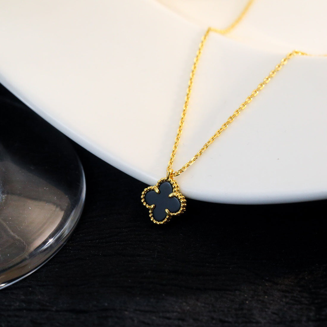 Quatrefoil Pendant Necklace, Yellow Gold Tone, Onyx