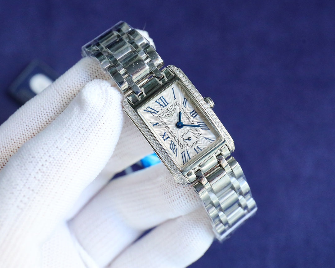 Rectangular Case Watch, Steel, Stone-Set