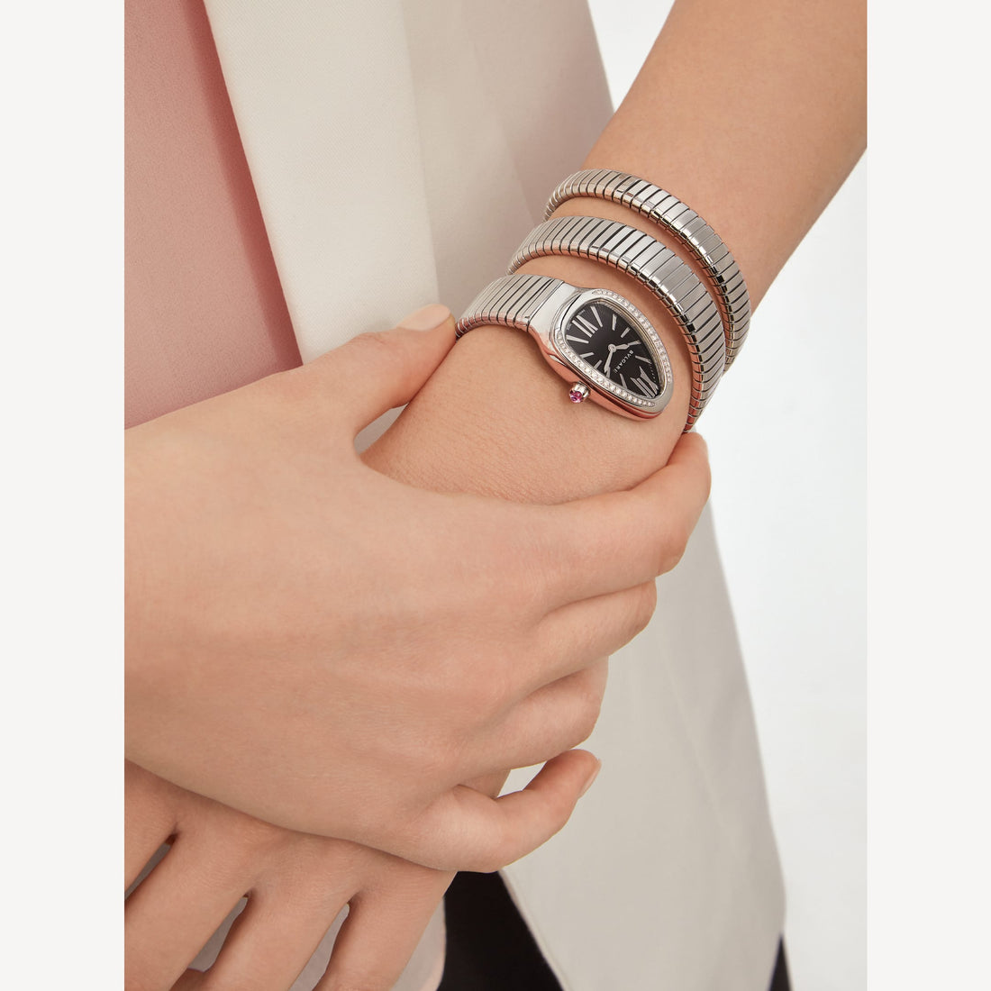 Coiled Band Watch, White Gold Tone, Stone-Set, White, 35 mm, Size S